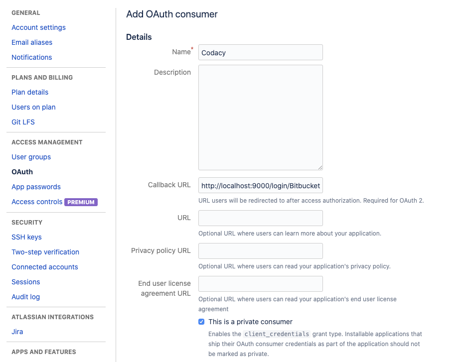 Bitbucket consumer configuration