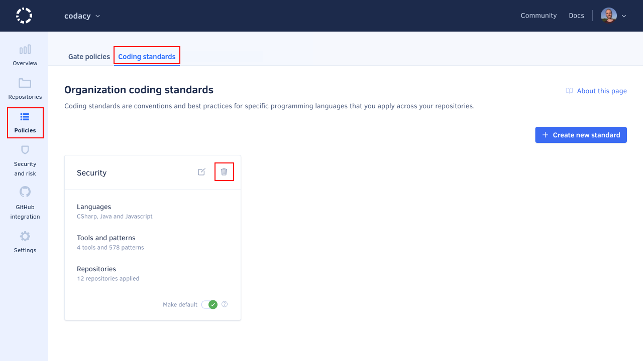 Deleting a coding standard