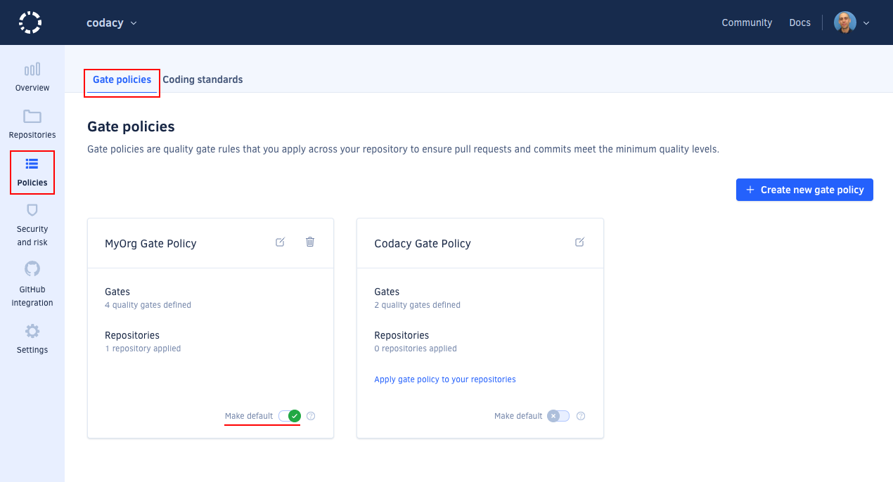 Setting a gate policy as the default